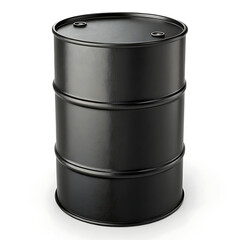 A solitary black metal oil drum stands upright on a clean white background showcasing its industrial design and sturdy construction