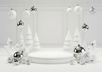 Elegant white podium with festive christmas ornaments and abstract trees on a white background isolated on white background