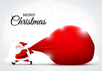 Santa claus pulling a large red sack full of presents isolated on white background