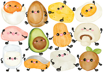 Watercolor Kawaii Protein Food Clip Art Set Cute Egg Avocado Tofu Mushroom Healthy Character Illustration Isolated on White Background Graphic Elements Healthy Food Mascot