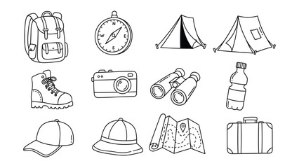 Fototapeta premium Adventure Essentials: Line drawing illustrations of essential equipment, perfect for outdoor excursions and adventure travel. Capture the spirit of exploration and the joy of discovery.