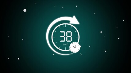 Animation timer icon with 38 min. Clock, stopwatch, cooking time label ,arrow white color, 38 minute timer symbol, isolated on background.4k video