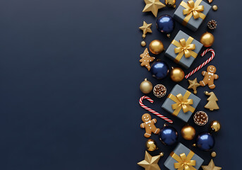 Festive christmas ornaments and gifts arranged in a decorative border on a dark background isolated on white background