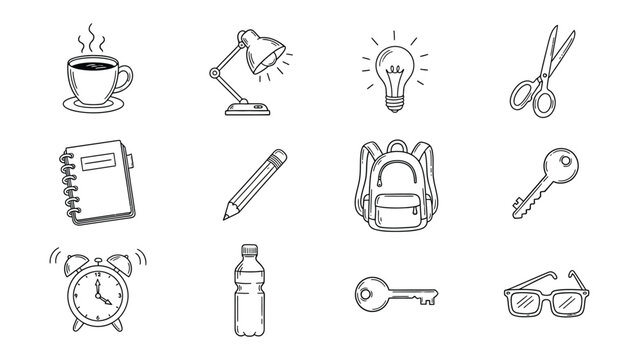 Drawn Work Essentials: A collection of meticulously drawn, iconic symbols representing essential tools, illuminating everyday office and learning necessities.