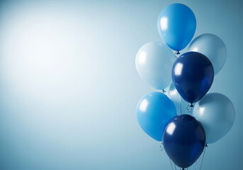 A cluster of blue and white balloons floating upwards on a bright white background perfect for celebrations isolated on white background