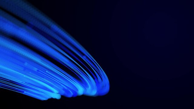 Dynamic 3D strings animation with flowing colorful lights on abstract tech background and depth of field.
