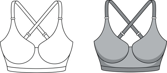 Women's stylish criss-cross strap sports bra fashion flat technical sketch vector illustration for apparel design and clothing template.