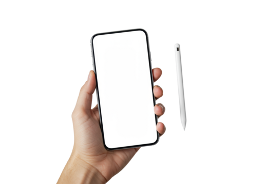 A hand presenting pristine modern smartphone with dynamic island, blank screen, minimalist stylus, transparent background, studio product photography concept