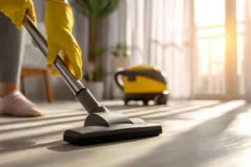 Fototapeta premium Person wearing gloves using a vacuum cleaner on the floor in a bright living room