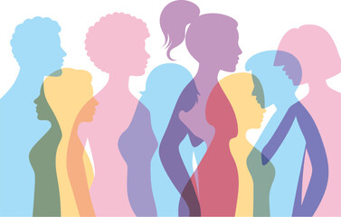 A colorful composition of diverse female silhouettes overlapping to symbolize community, unity, and empowerment