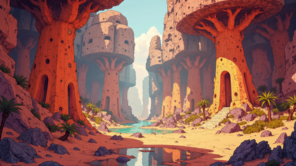 Fantasy Canyon Landscape with Giant Tree Temples