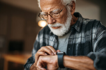 Senior man using smartwatch to check health data and activity