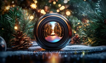 Camera lens capturing a reflection of illuminated christmas trees in a snowy, festive setting, surrounded by pine cones and holiday decor