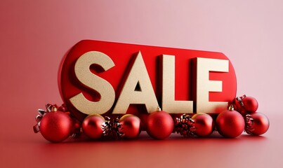 Red badge with sale text in gold color surrounded by red christmas balls and decorative pine cones