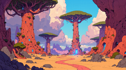 Surreal Fantasy Environment with Towering Rock Trees