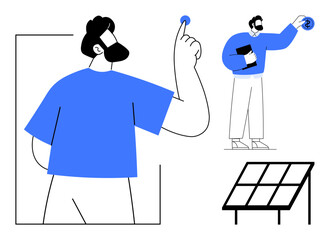 Man pointing to a concept button, another holding documents near a solar panel. Ideal for innovation, technology, sustainability, renewable energy, business, future solutions, eco-friendly
