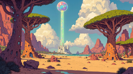 Cosmic Energy Beam in Surreal Desert Scene