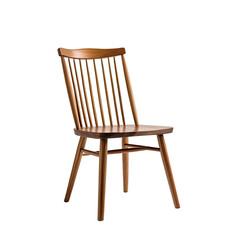 A wooden chair with a slatted back on a solid black background