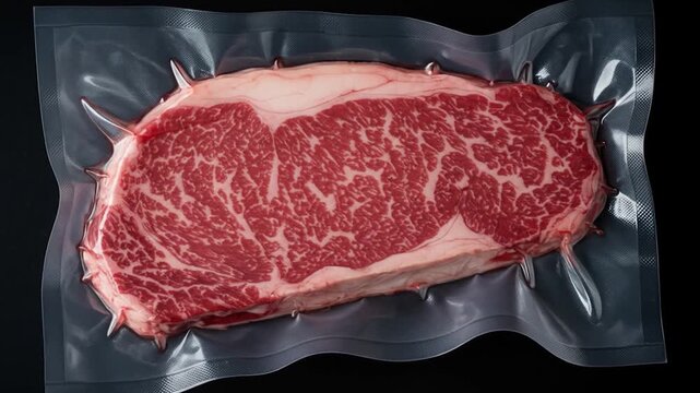 Raw marbled beef steak vacuum-sealed in plastic, ready for storage or cooking