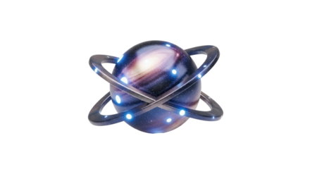 Cosmic galaxy sphere with interlocking rings and glowing blue lights