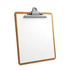Wooden clipboard with blank white paper, chrome clip. Angle view, plain background