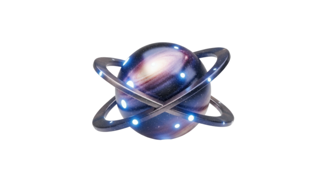 Cosmic galaxy sphere with interlocking rings and glowing blue lights