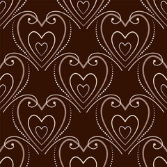 A sweet, understated background. A warm, seamless pattern of hearts and swirls. Delicate beige hearts on chocolate background. Romantic, delicate holiday decor.