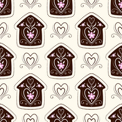 Brown gingerbread house with heart and flower. Sweet winter holiday seamless pattern. Chocolate romantic decor. Cookie christmas house