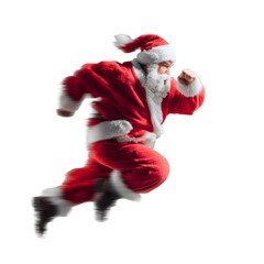 Santa Claus running at high speed with motion blur against a plain grey background