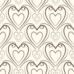 A sweet, understated background. A warm, seamless pattern of hearts and swirls. Delicate brown hearts on a soft beige background. Romantic, delicate holiday decor.