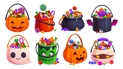 Cartoon Halloween smiling jack o lantern, zombie hand, mummy ghost and black cauldron candies or sweet vector buckets. Pails filled with candies, candy cane, lollipop, wrapped sweets Halloween bucket