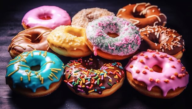 Sweet Donuts with different flavors and colored icing lie in heap on dark background. Sweet desserts, holiday National Donut Day - Powered by Adobe
