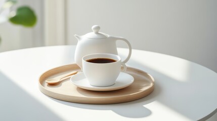 Fototapeta premium A cup of black coffee and a teapot on a wooden tray, served on a white table with natural light