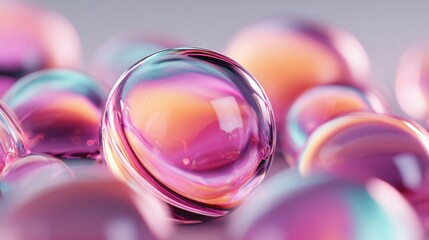 Abstract macro shot of colorful, iridescent glass spheres in soft focus