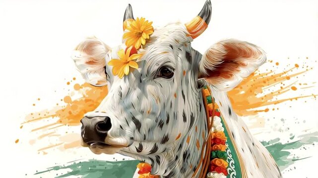 Beautiful Indian cow in the colors of the Indian flag. East, Asia, nature, traditions. Abstract video created by AI for designers, IT.