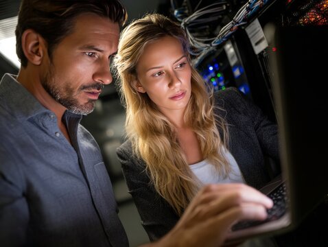 It professionals working on laptops in data center - Powered by Adobe