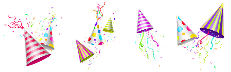 Obraz premium Party hats, birthday caps with ribbons or confetti