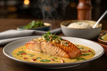 Mouth-Watering Salmon in Coconut Curry Sauce — Professional Restaurant Menu Photography, 4K Food Advertisement