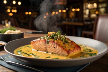 Coconut Curry Salmon with Garlic Butter — Indulgent Gourmet Bowl with Creamy Texture and Warm Restaurant Ambiance
