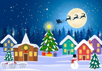 Naklejka premium Colorful Christmas Village with Santa Flying Over Moonlit Sky Illustration