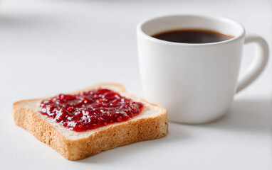 .White cup of coffee and toast with fruit jam.