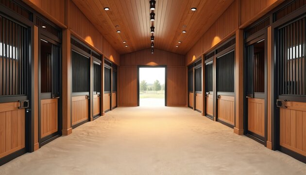 Luxurious horse stable interior with wooden stalls and clean sandy floor. Empty stables have black metal bars and doors. Bright light enters through open doorway at end of stable corridor.