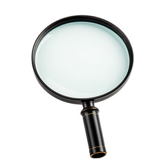 A realistic, shiny, magnifying glass with a black handle on a black background
