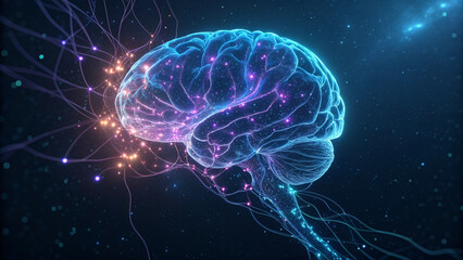 Abstract Digital Brain with Neon Blue and Purple Energy