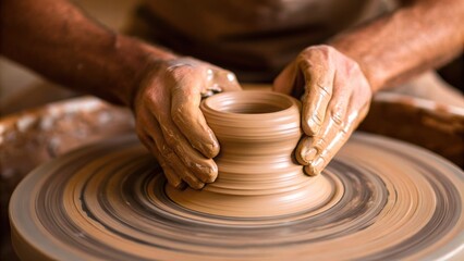 Skill working hand concept. A potter shapes a clay vessel on a wheel, showcasing craftsmanship and creativity in pottery.