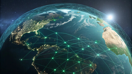 Global Communications Network and Earth World Map Digital Connections