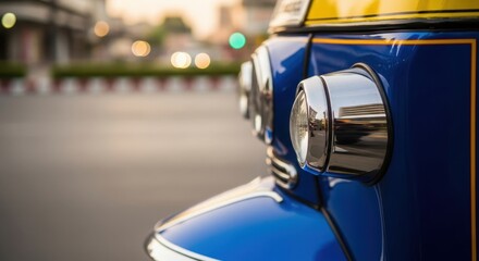 Tuk tuk driving through city streets bangkok vehicle close-up urban dynamic