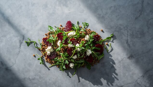 Culinary Abstraction. A Medley of Textures, Colors, and Forms on a Mottled Surface.