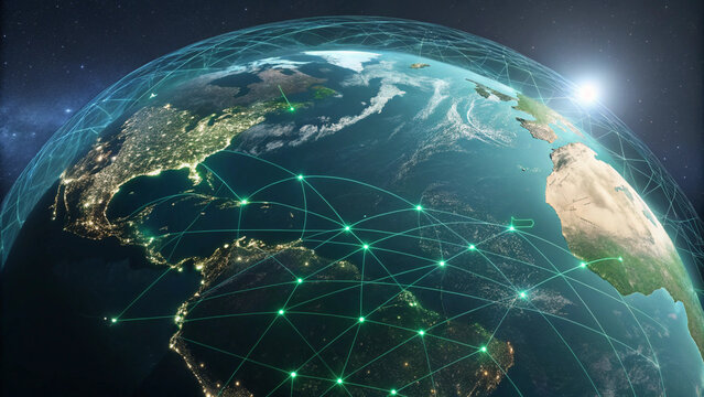 Global Communications Network and Earth World Map Digital Connections