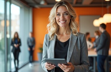 Naklejka na ściany i meble Smiling businesswoman holds tablet computer in modern office. Colleagues work in background blur. She looks confident and professional, ready for business tasks. Tech enabled team meets. Naklejka na ściany i meble Smiling businesswoman holds tablet computer in modern office. Colleagues work in background blur. She looks confident and professional, ready for business tasks. Tech enabled team meets.